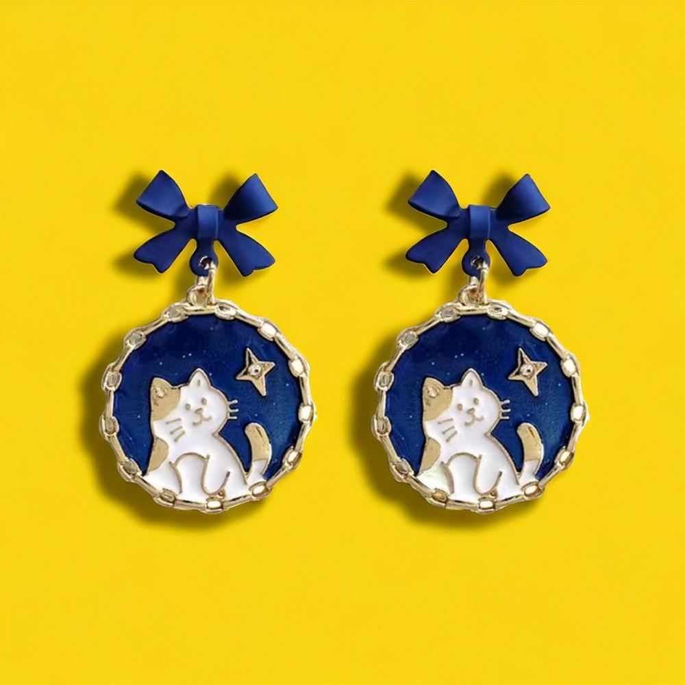 Navy Blue Bowknot Cute Cat Star Print Enamel Dangle Earrings‎